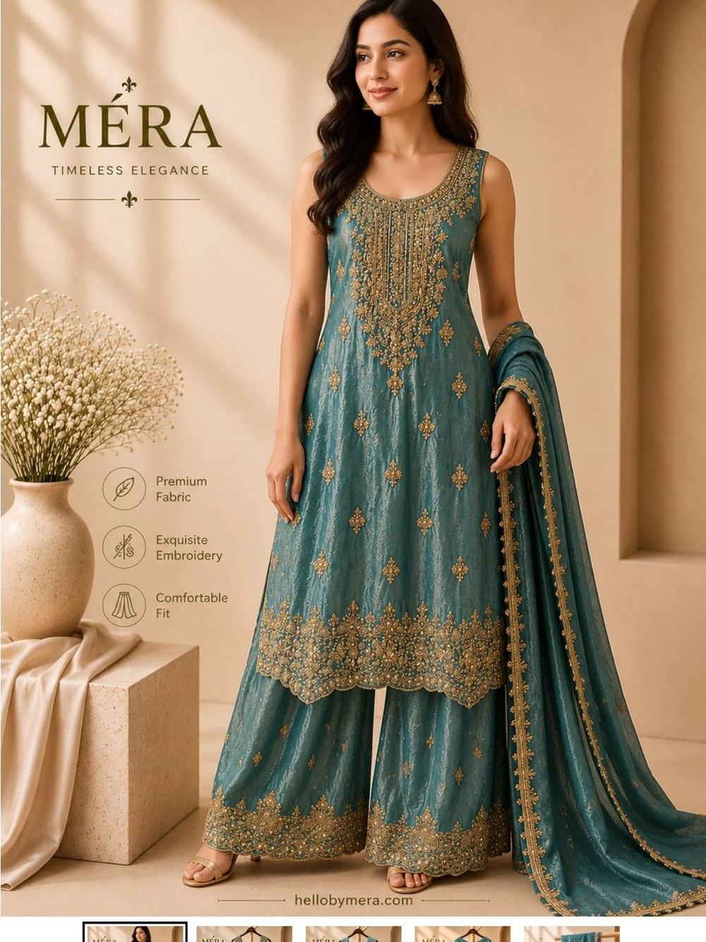 Teal Embroidered Women's Palazzo Set